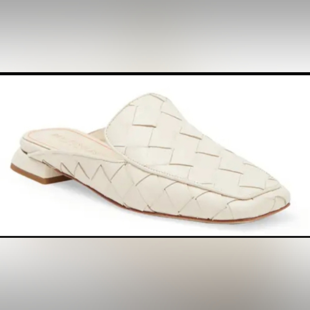 BEAUTIISOLES Rose Sky Bone Square Toe Leather Loafer Mules Woven